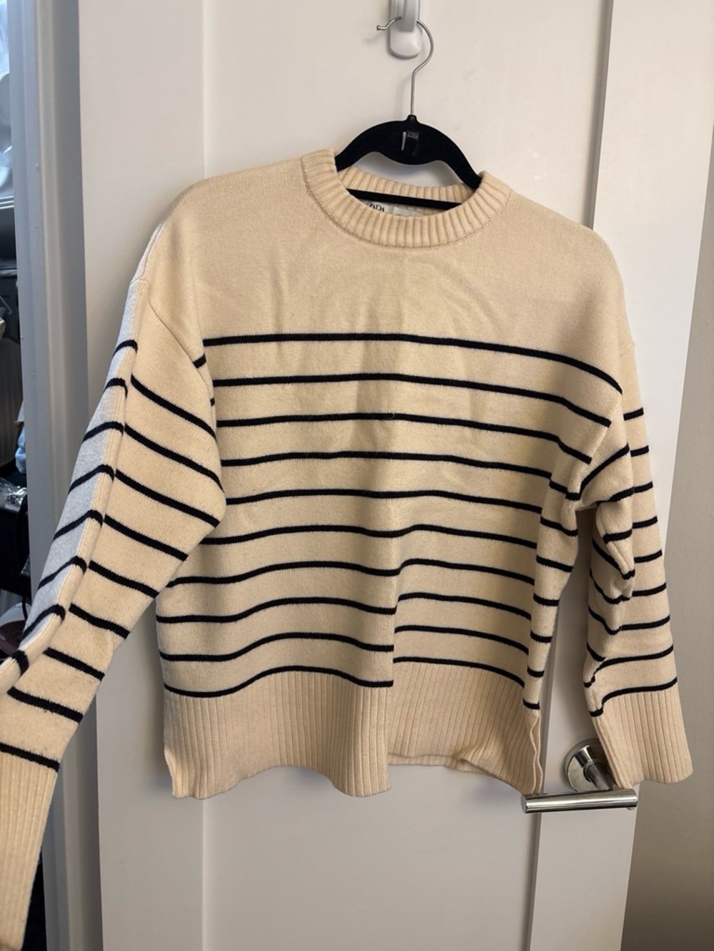 ZARA Cream and Black Striped Crewneck Sweater - Zara